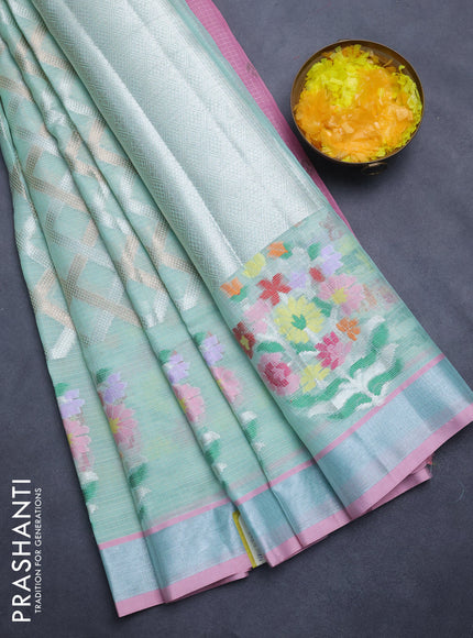 Cotton zari kota saree teal shade and light pink wit allover silver & gold zari weaves and floral butta silver zari woven border