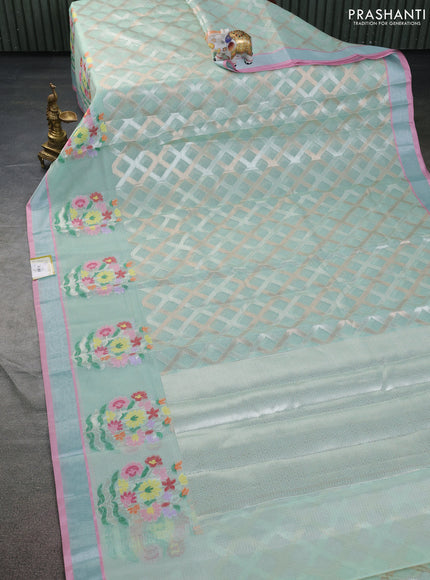 Cotton zari kota saree teal shade and light pink wit allover silver & gold zari weaves and floral butta silver zari woven border