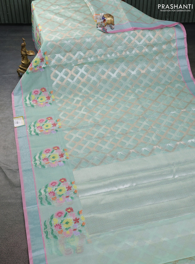 Cotton zari kota saree teal shade and light pink wit allover silver & gold zari weaves and floral butta silver zari woven border