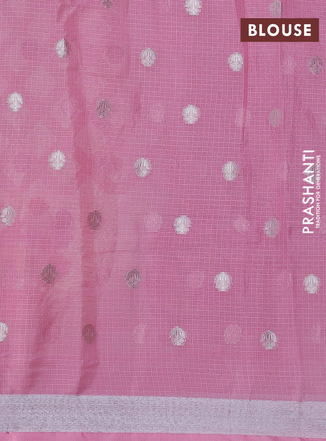 Cotton zari kota saree teal shade and light pink wit allover silver & gold zari weaves and floral butta silver zari woven border