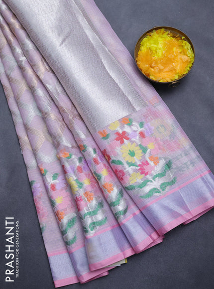 Cotton zari kota saree mild lavender and light pink wit allover silver & gold zari weaves and floral butta silver zari woven border