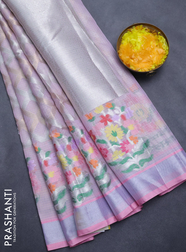 Cotton zari kota saree mild lavender and light pink wit allover silver & gold zari weaves and floral butta silver zari woven border