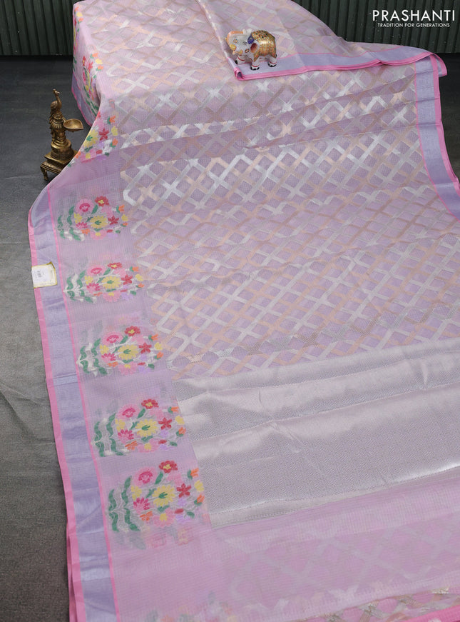 Cotton zari kota saree mild lavender and light pink wit allover silver & gold zari weaves and floral butta silver zari woven border