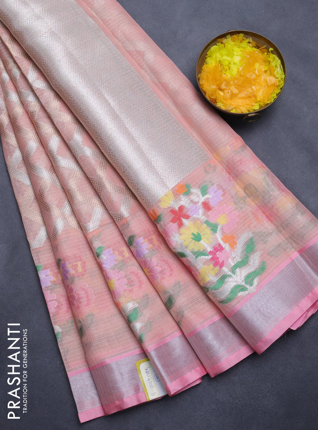 Cotton zari kota saree mild peach and light pink wit allover silver & gold zari weaves and floral butta silver zari woven border