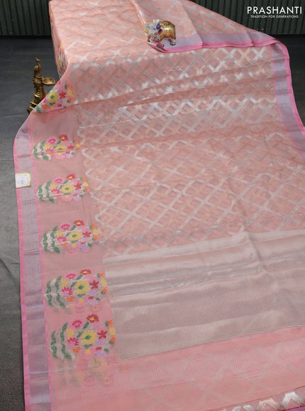 Cotton zari kota saree mild peach and light pink wit allover silver & gold zari weaves and floral butta silver zari woven border
