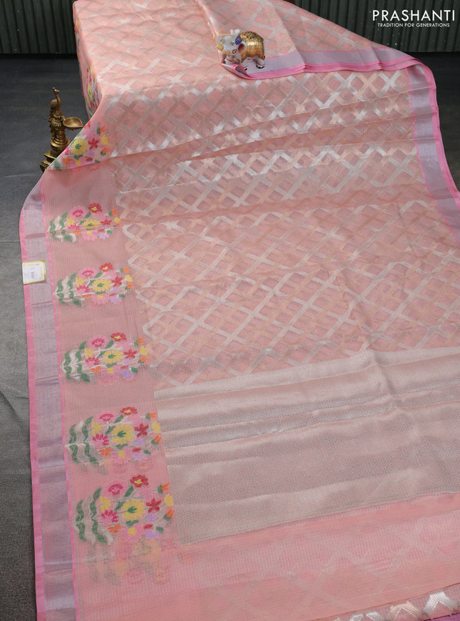 Cotton zari kota saree mild peach and light pink wit allover silver & gold zari weaves and floral butta silver zari woven border