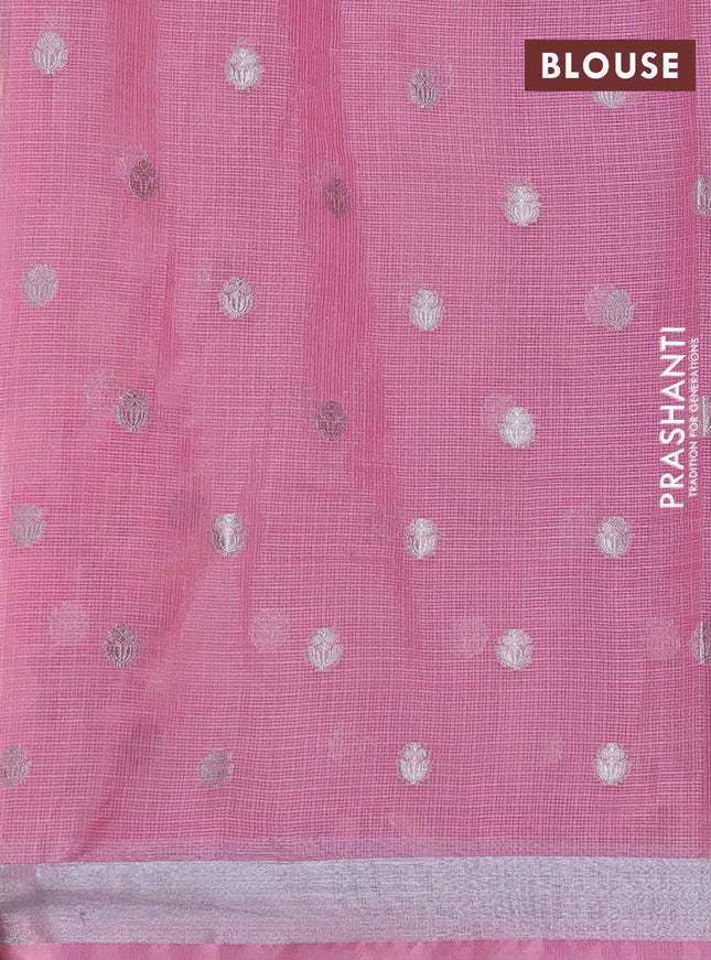 Cotton zari kota saree mild peach and light pink wit allover silver & gold zari weaves and floral butta silver zari woven border