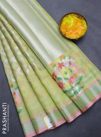 Cotton zari kota saree lime yellow and light pink wit allover silver & gold zari weaves and floral butta silver zari woven border