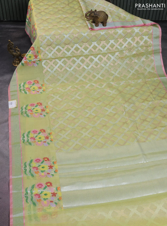 Cotton zari kota saree lime yellow and light pink wit allover silver & gold zari weaves and floral butta silver zari woven border
