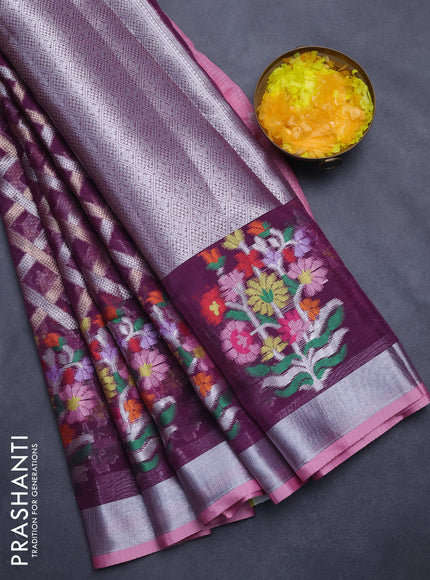 Cotton zari kota saree wine shade and light pink wit allover silver & gold zari weaves and floral butta silver zari woven border