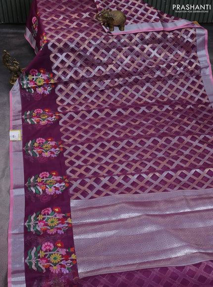 Cotton zari kota saree wine shade and light pink wit allover silver & gold zari weaves and floral butta silver zari woven border