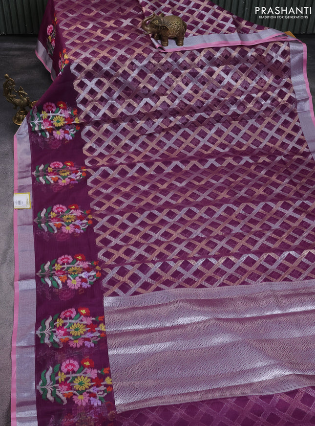 Cotton zari kota saree wine shade and light pink wit allover silver & gold zari weaves and floral butta silver zari woven border