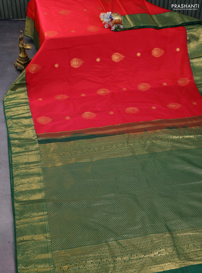 Bangalori silk saree reddish pink and green with zari woven buttas and zari woven border