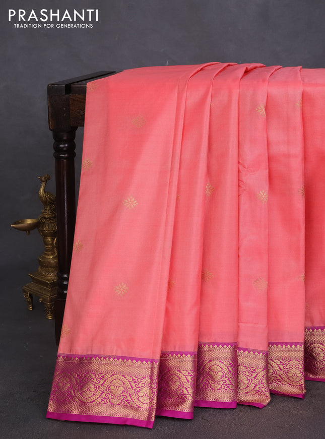 Bangalori silk saree peach orange and purple with zari woven buttas and zari woven border