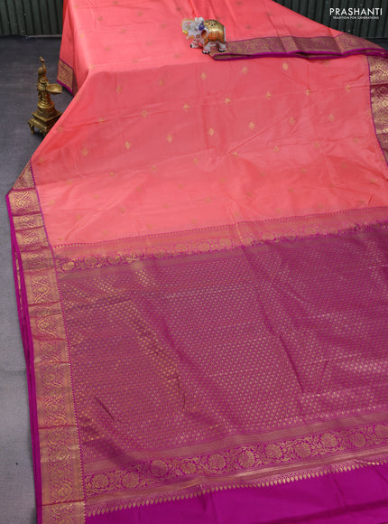 Bangalori silk saree peach orange and purple with zari woven buttas and zari woven border
