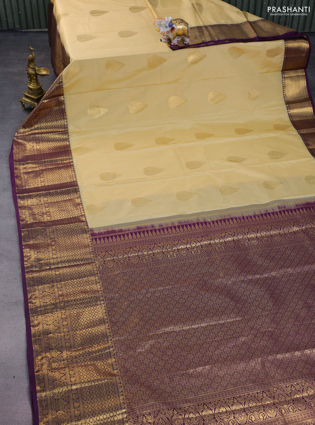 Bangalori silk saree sandal and deep violet with zari woven buttas and long zari woven border