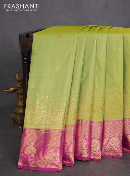 Bangalori silk saree light green and purple with zari woven buttas and zari woven border