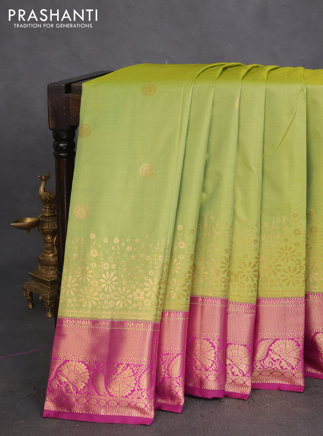 Bangalori silk saree light green and purple with zari woven buttas and zari woven border