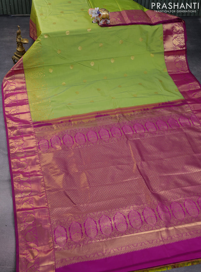 Bangalori silk saree light green and purple with zari woven buttas and zari woven border