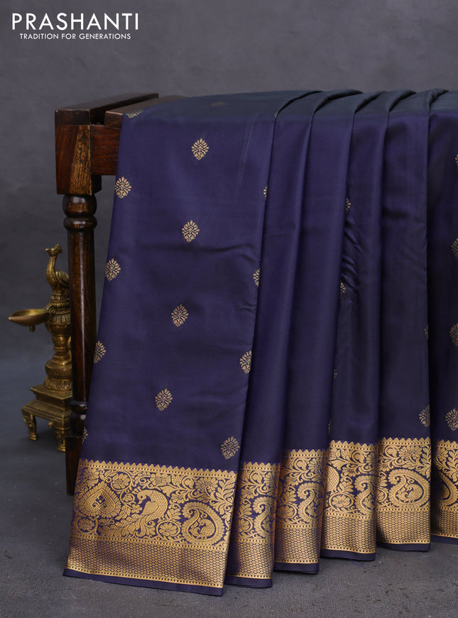 Bangalori silk saree navy blue with zari woven buttas and zari woven border