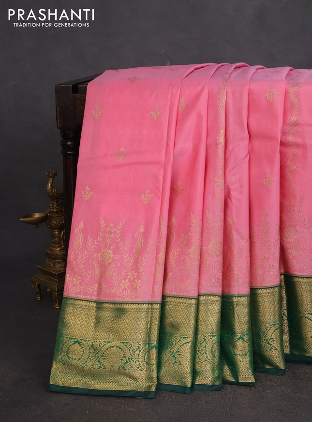 Bangalori silk saree light pink and green with zari woven buttas and zari woven border