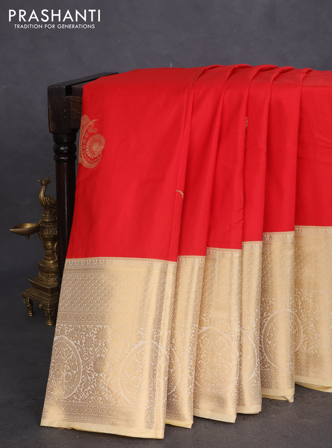 Bangalori silk saree red and cream with zari woven buttas and long zari woven border