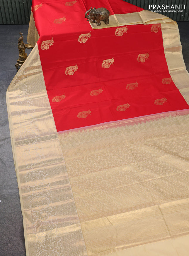 Bangalori silk saree red and cream with zari woven buttas and long zari woven border