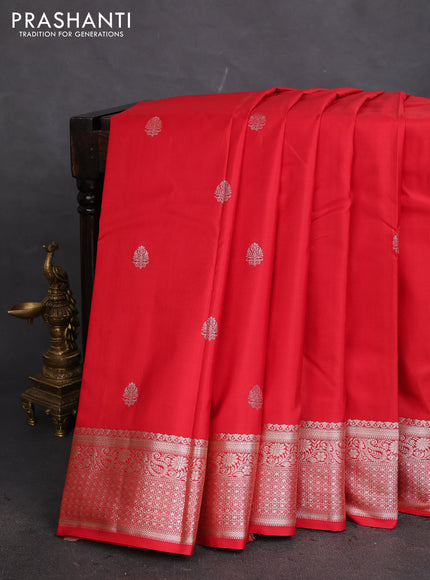Bangalori silk saree red with zari woven buttas and silver zari woven border
