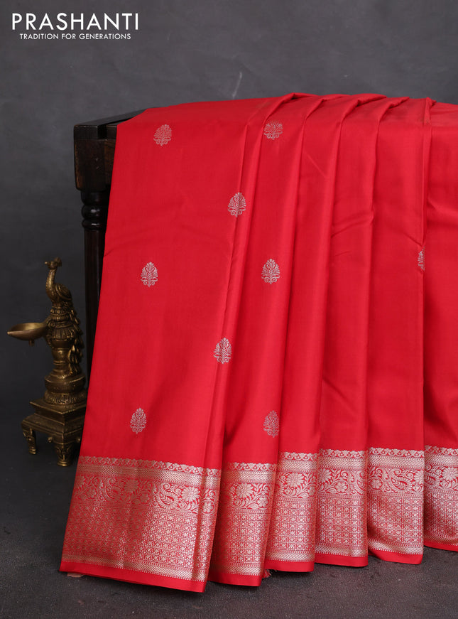Bangalori silk saree red with zari woven buttas and silver zari woven border