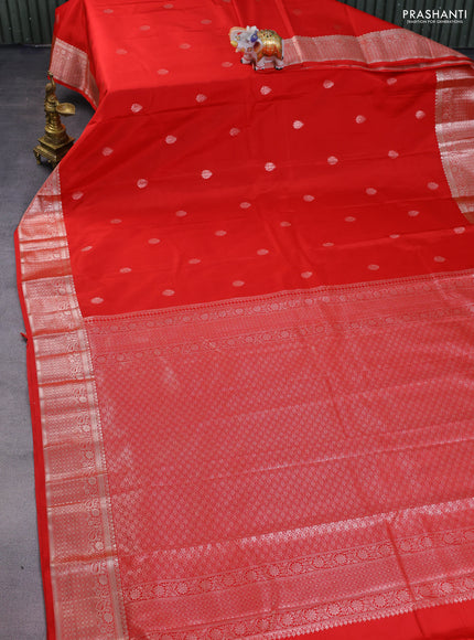 Bangalori silk saree red with zari woven buttas and silver zari woven border