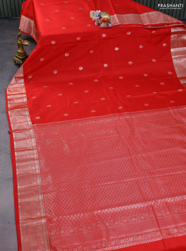 Bangalori silk saree red with zari woven buttas and silver zari woven border
