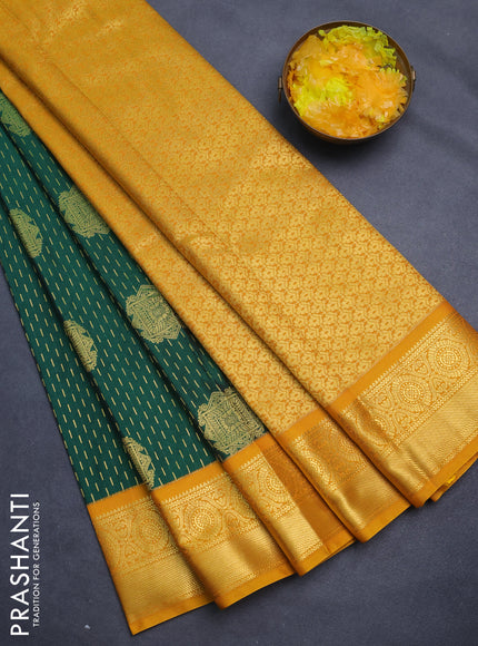 Semi kanchipuram silk saree green and mustard yellow with allover zari weaves & buttas and zari woven korvai border