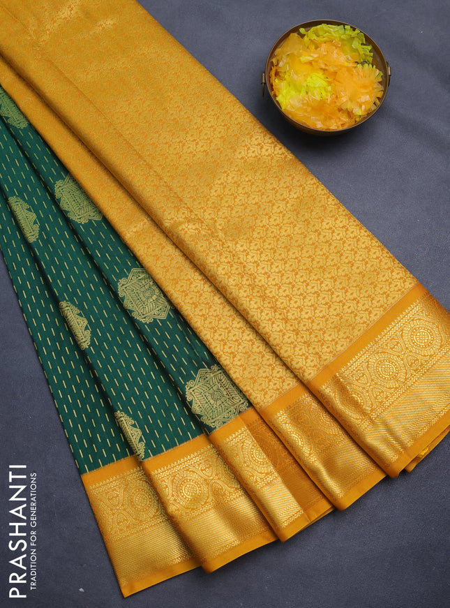 Semi kanchipuram silk saree green and mustard yellow with allover zari weaves & buttas and zari woven korvai border