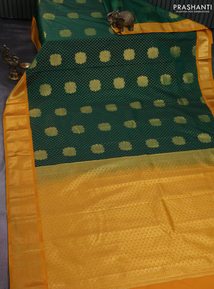Semi kanchipuram silk saree green and mustard yellow with allover zari weaves & buttas and zari woven korvai border