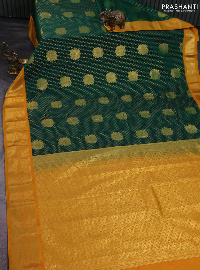 Semi kanchipuram silk saree green and mustard yellow with allover zari weaves & buttas and zari woven korvai border