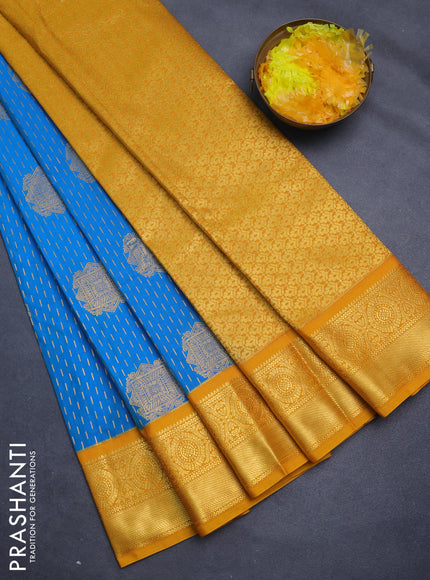 Semi kanchipuram silk saree cs blue and mustard yellow with allover zari weaves & buttas and zari woven korvai border