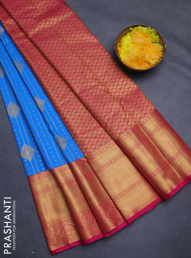 Semi kanchipuram silk saree cs blue and pink with allover zari weaves and long zari woven korvai border
