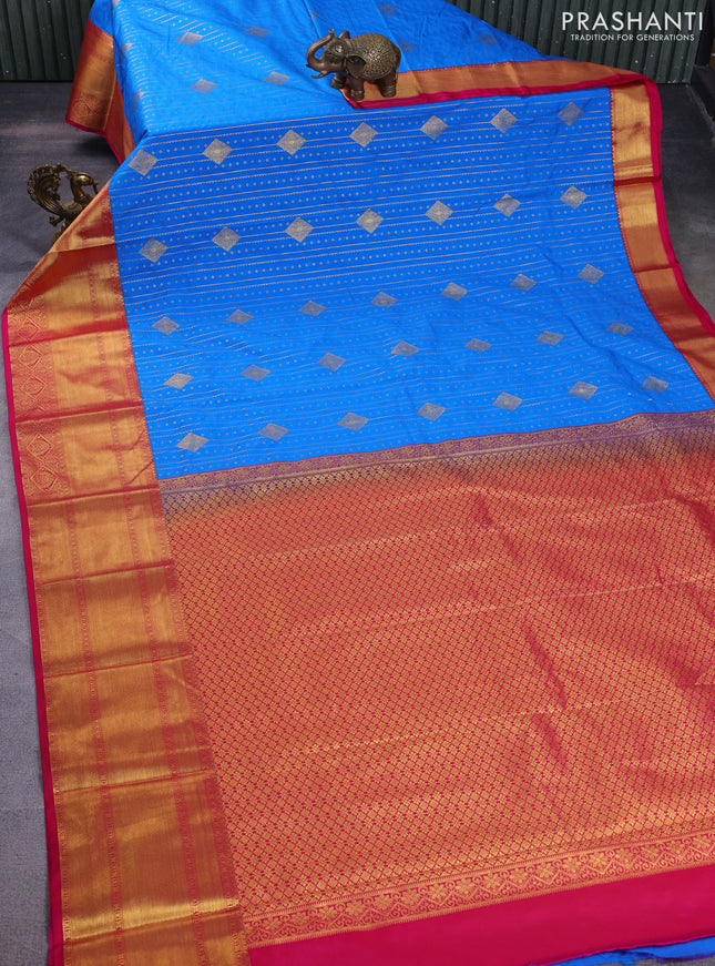 Semi kanchipuram silk saree cs blue and pink with allover zari weaves and long zari woven korvai border