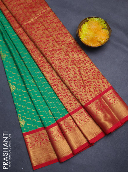 Semi kanchipuram silk saree green and red with allover zari weaves and zari woven korvai border