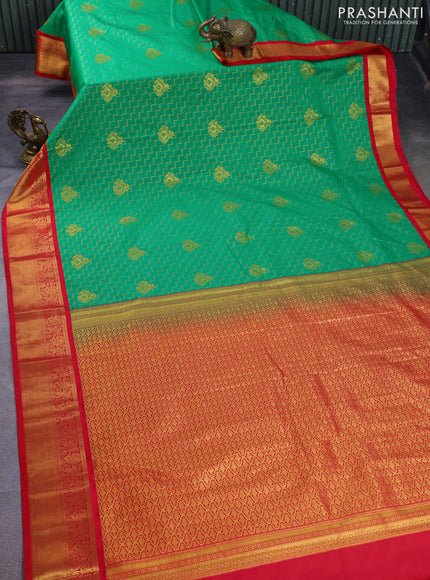 Semi kanchipuram silk saree green and red with allover zari weaves and zari woven korvai border