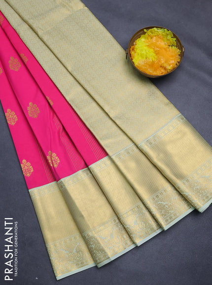 Semi kanchipuram silk saree candy pink and mild pista green with allover zari weaves & buttas and long zari woven korvai border