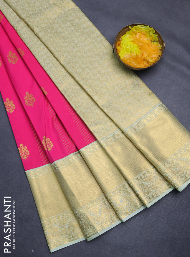 Semi kanchipuram silk saree candy pink and mild pista green with allover zari weaves & buttas and long zari woven korvai border