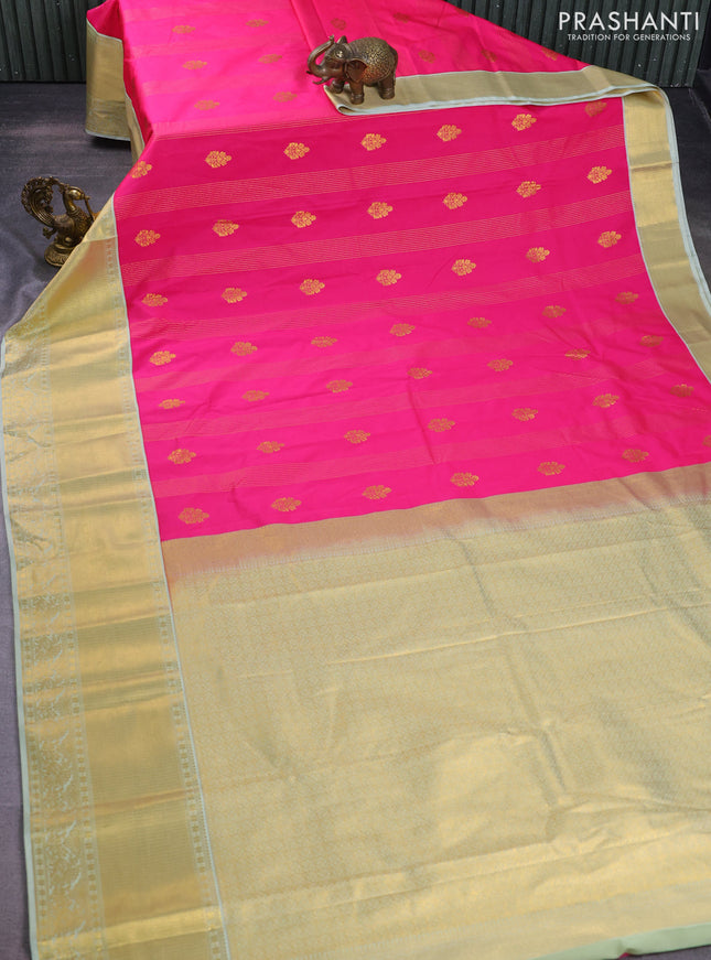 Semi kanchipuram silk saree candy pink and mild pista green with allover zari weaves & buttas and long zari woven korvai border