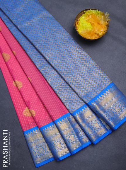 Semi kanchipuram silk saree candy pink and blue with allover zari weaves & buttas and zari woven korvai border