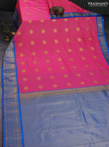 Semi kanchipuram silk saree candy pink and blue with allover zari weaves & buttas and zari woven korvai border