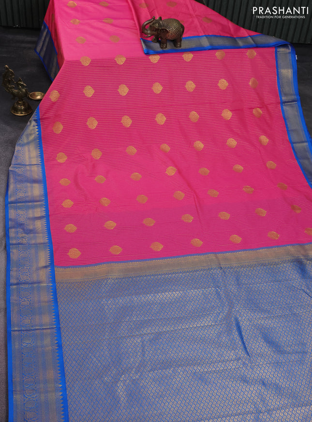 Semi kanchipuram silk saree candy pink and blue with allover zari weaves & buttas and zari woven korvai border
