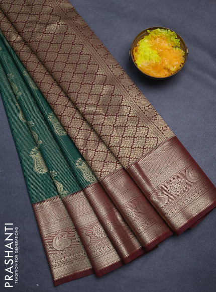 Semi kanchipuram silk saree green and maroon with allover zari weaves and long zari woven korvai border