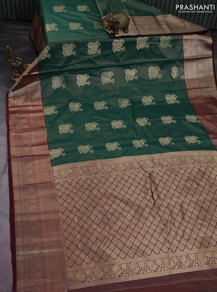 Semi kanchipuram silk saree green and maroon with allover zari weaves and long zari woven korvai border