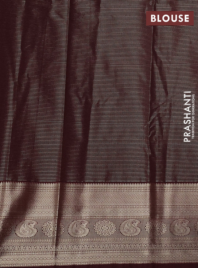 Semi kanchipuram silk saree green and maroon with allover zari weaves and long zari woven korvai border