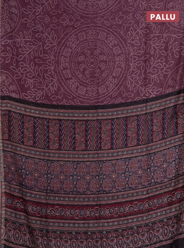 Semi linen saree wine shade with allover bandhani prints and ajrakh printed pallu & blouse